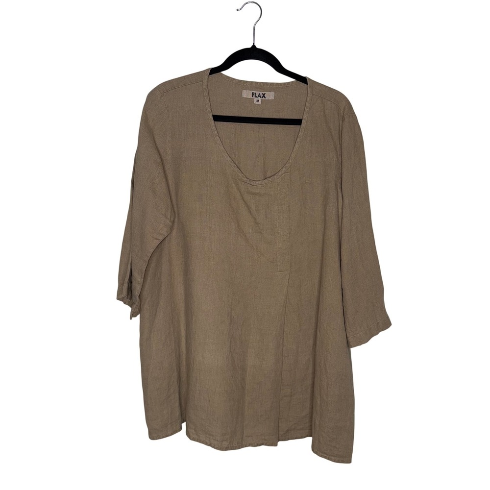 FLAX Linen Tunic Top Womens Medium Brown Excellent 3/4 Sleeve Scoop Neck Tunic
